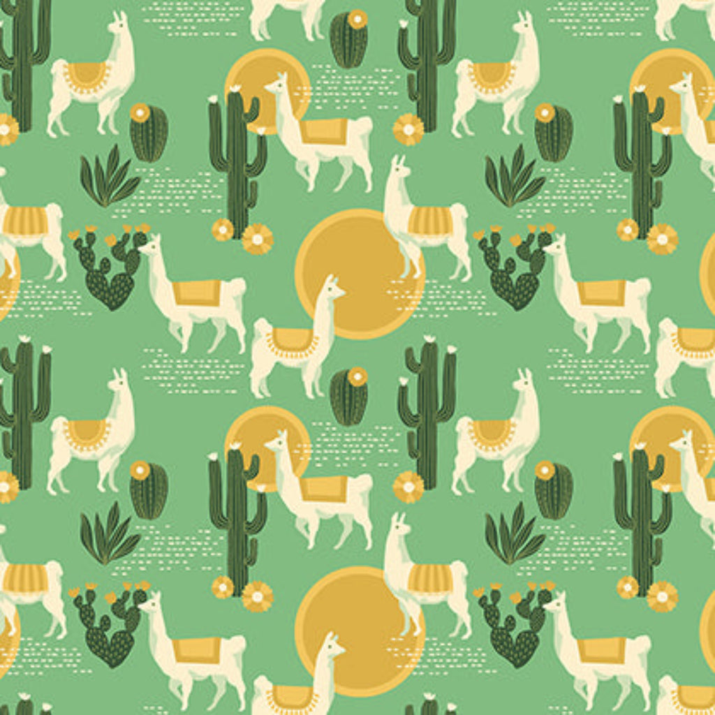 Pattern of llamas and cacti on a green background