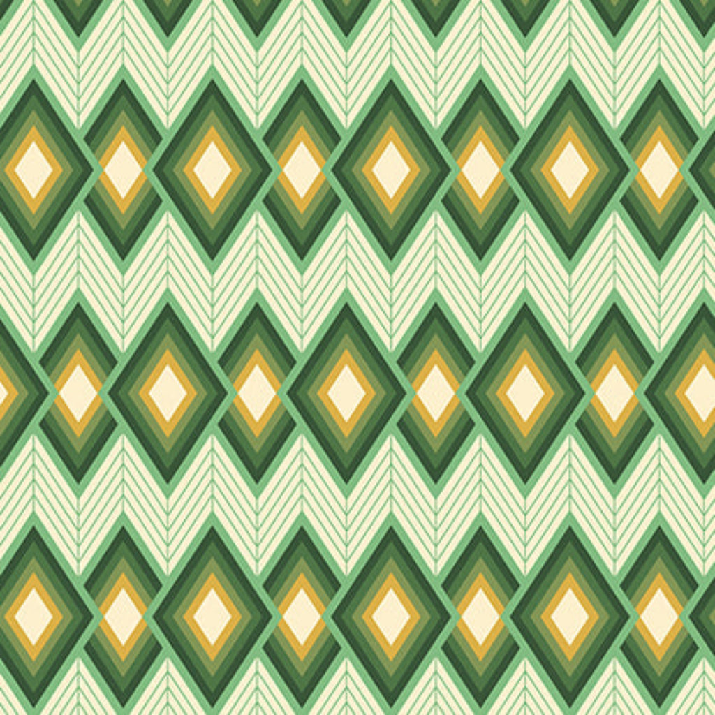 Geometric pattern with chevrons and diamond shapes in green, yellow, and white.