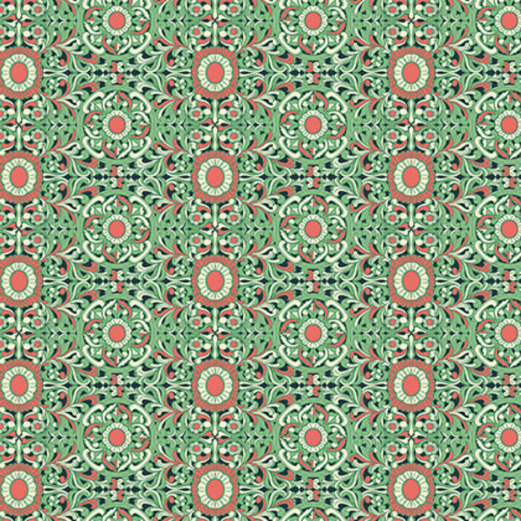 Patterned fabric with green and red design