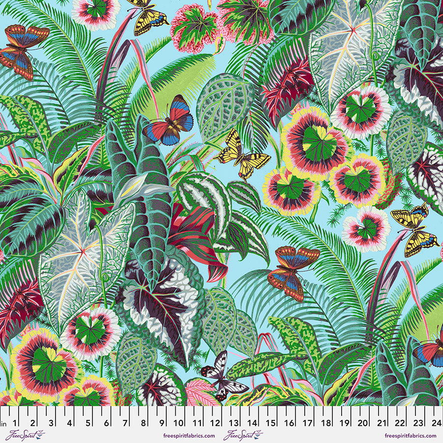 TREASURE ISLAND by Philip Jacobs (SNOW LEOPARD)- Tropical Leaves AQUA PWSL105.Priced per 25cm