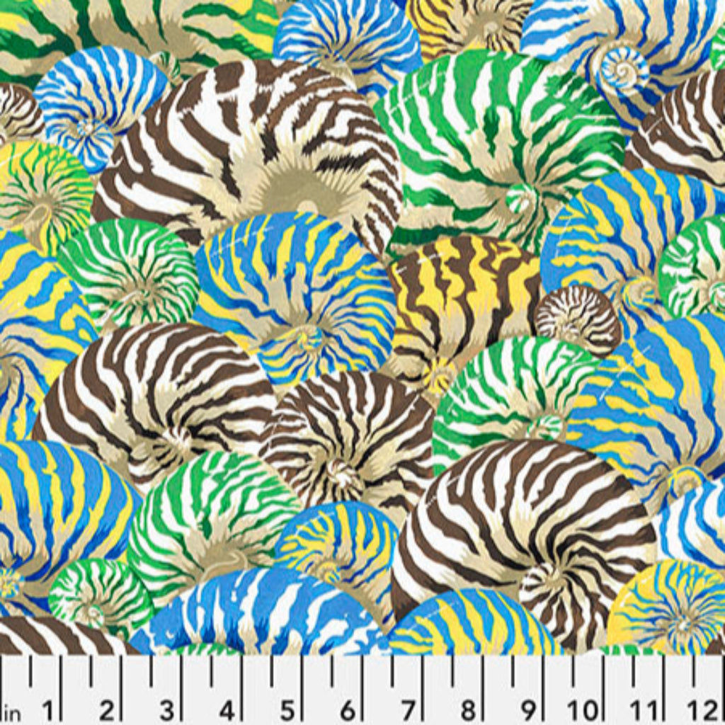 A textile design featuring a nautilus shell pattern in a variety of colors including blue, green, and yellow.