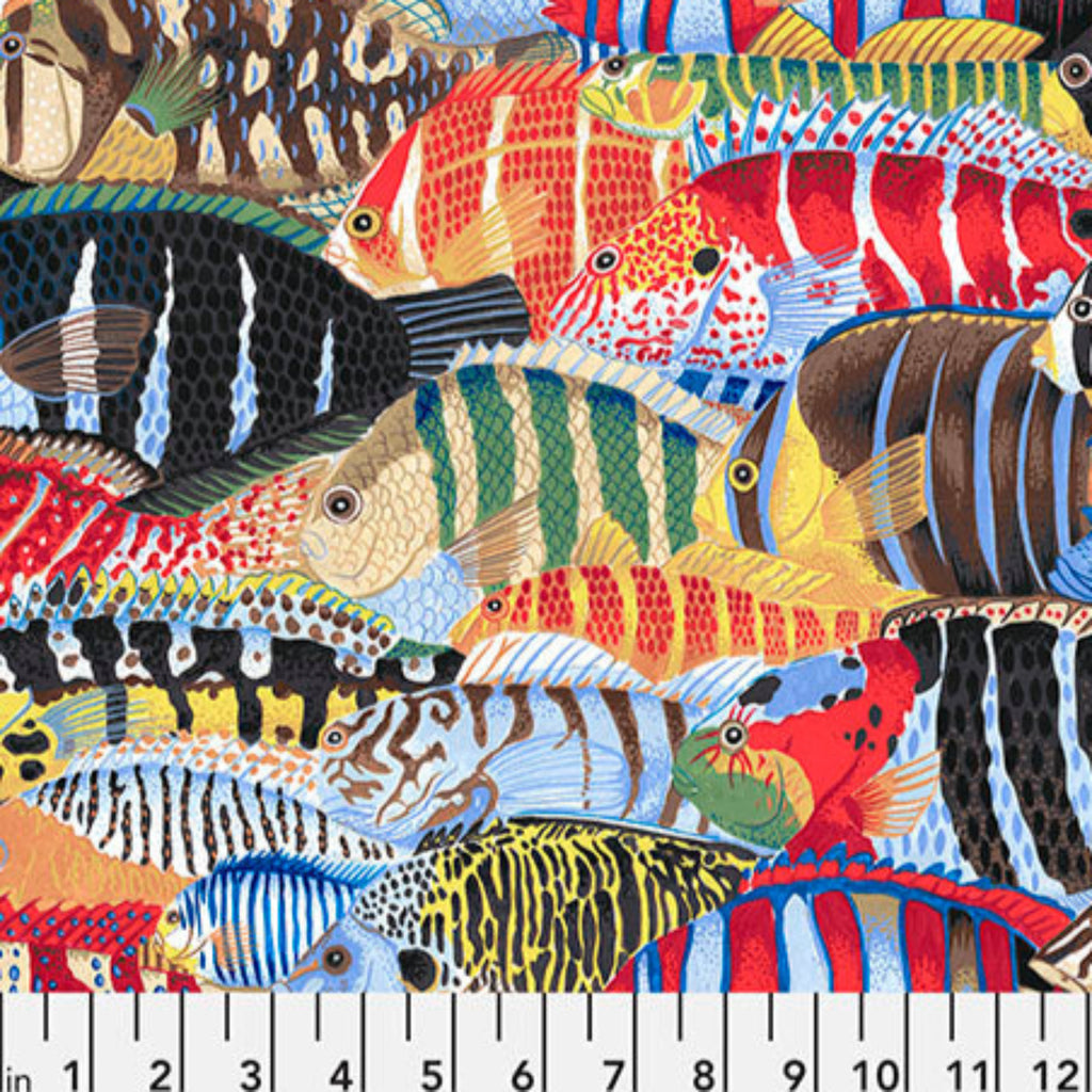 A multicolored fabric featuring a stripey fish pattern, with a variety of fish designs in different colors.
