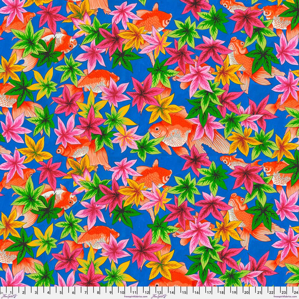 A colorful fabric featuring a pattern with goldfish and maple leaves on a blue background.