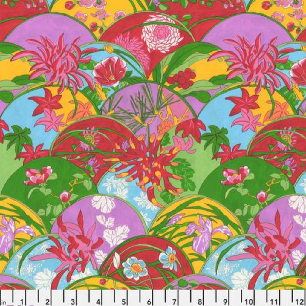 A colorful floral pattern fabric featuring various flowers and leaves on a red background, sold by the 25cm.