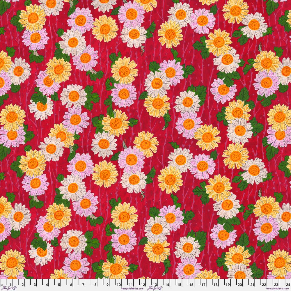 A vibrant piece of fabric featuring a repeating floral pattern with pink, red, and yellow flowers on a red background.