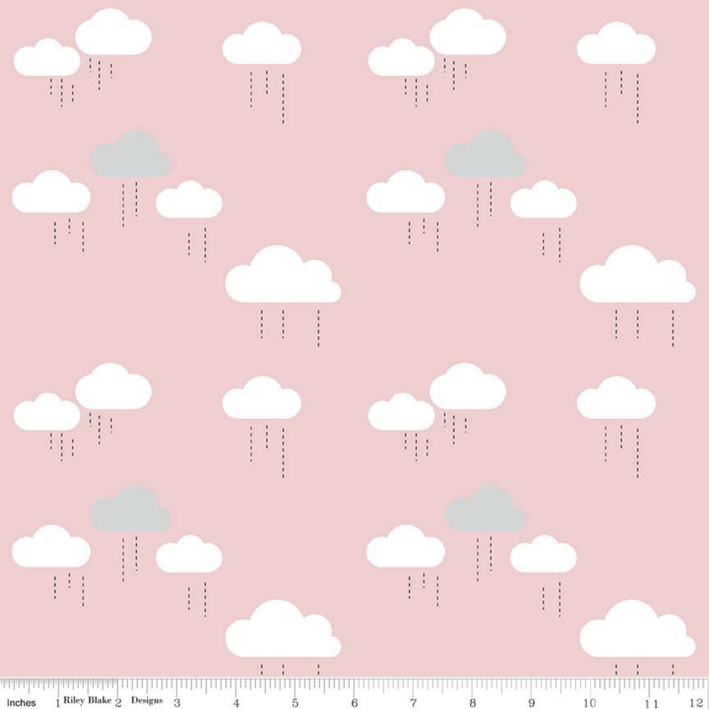 A piece of fabric featuring a pink background with a repeated pattern of grey clouds and rain droplets, and a measuring tape indicating 25cm width.