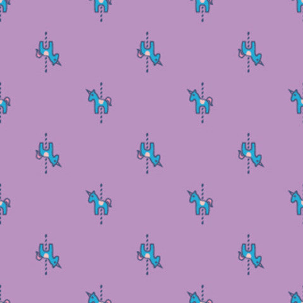 Pattern of blue unicorns on a purple background