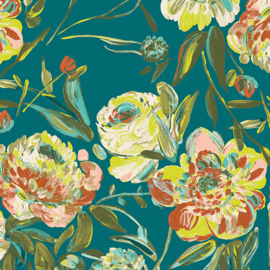 Colorful floral pattern on a teal background