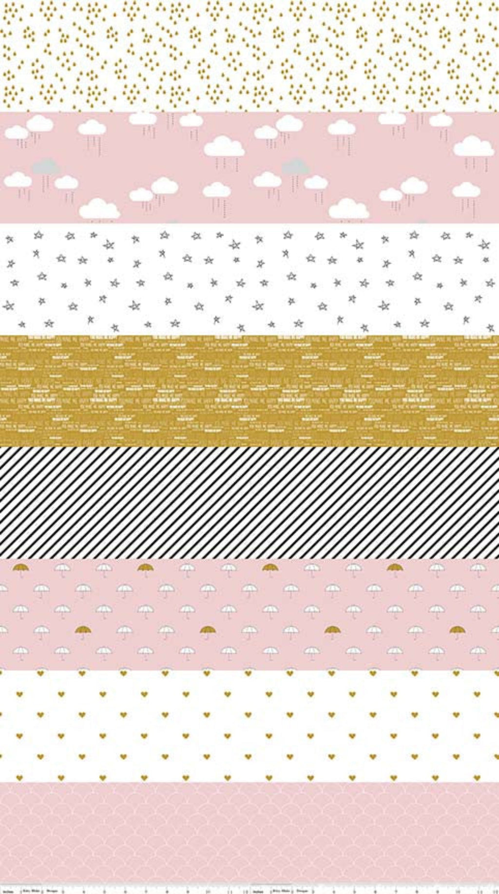 A piece of fabric featuring a pattern with black stripes, gold dots, and pink backgrounds, with playful cloud motifs.