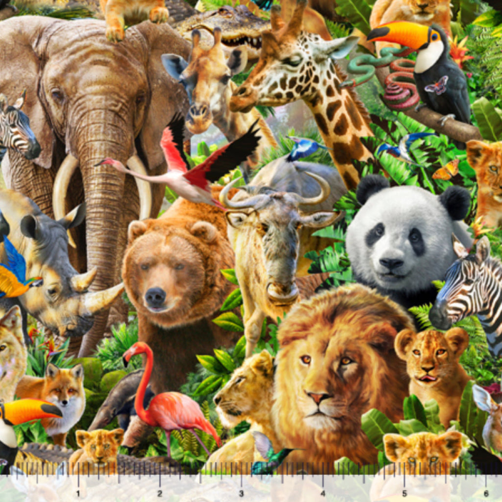 A piece of fabric featuring a printed pattern with various animals, including elephants, giraffes, and lions, in a lush green setting.