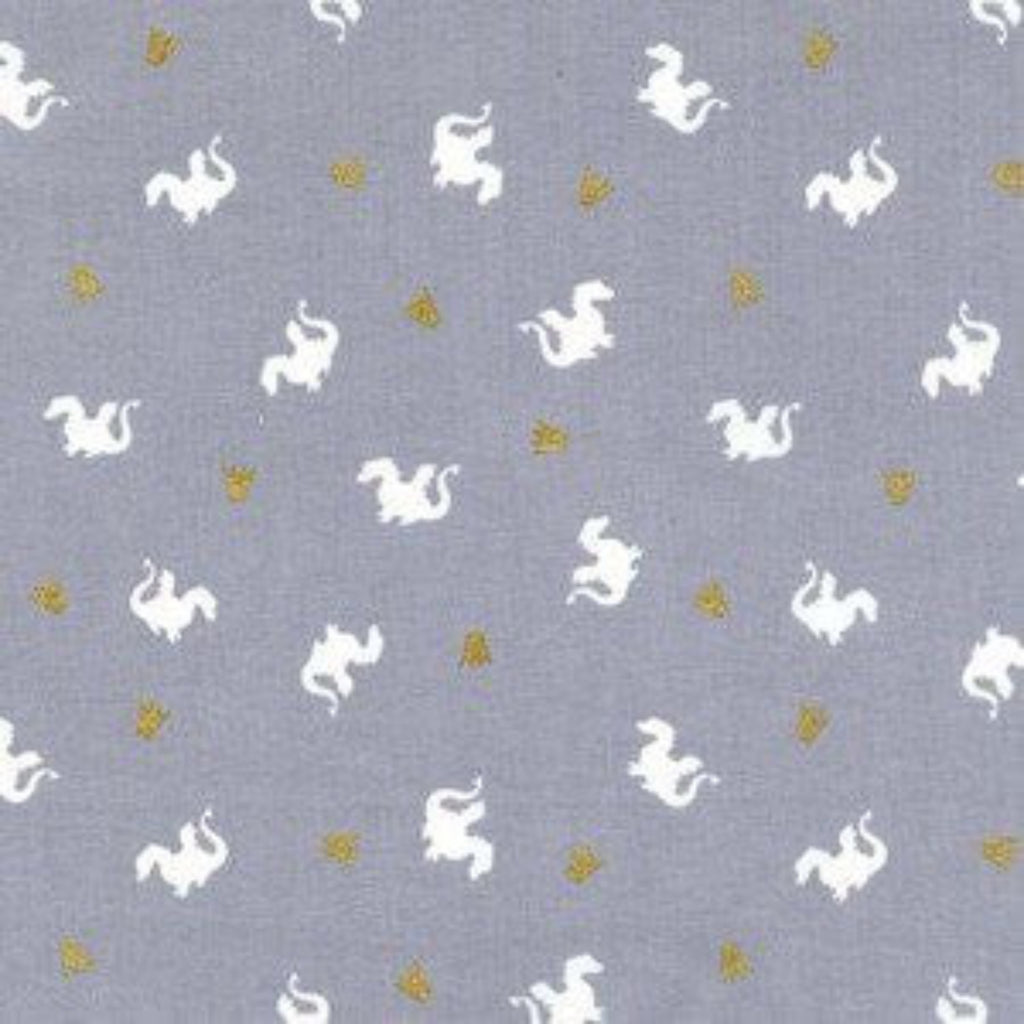 Grey metallic fabric with a repeated pattern of white baby dragon shapes, interspersed with gold accents.