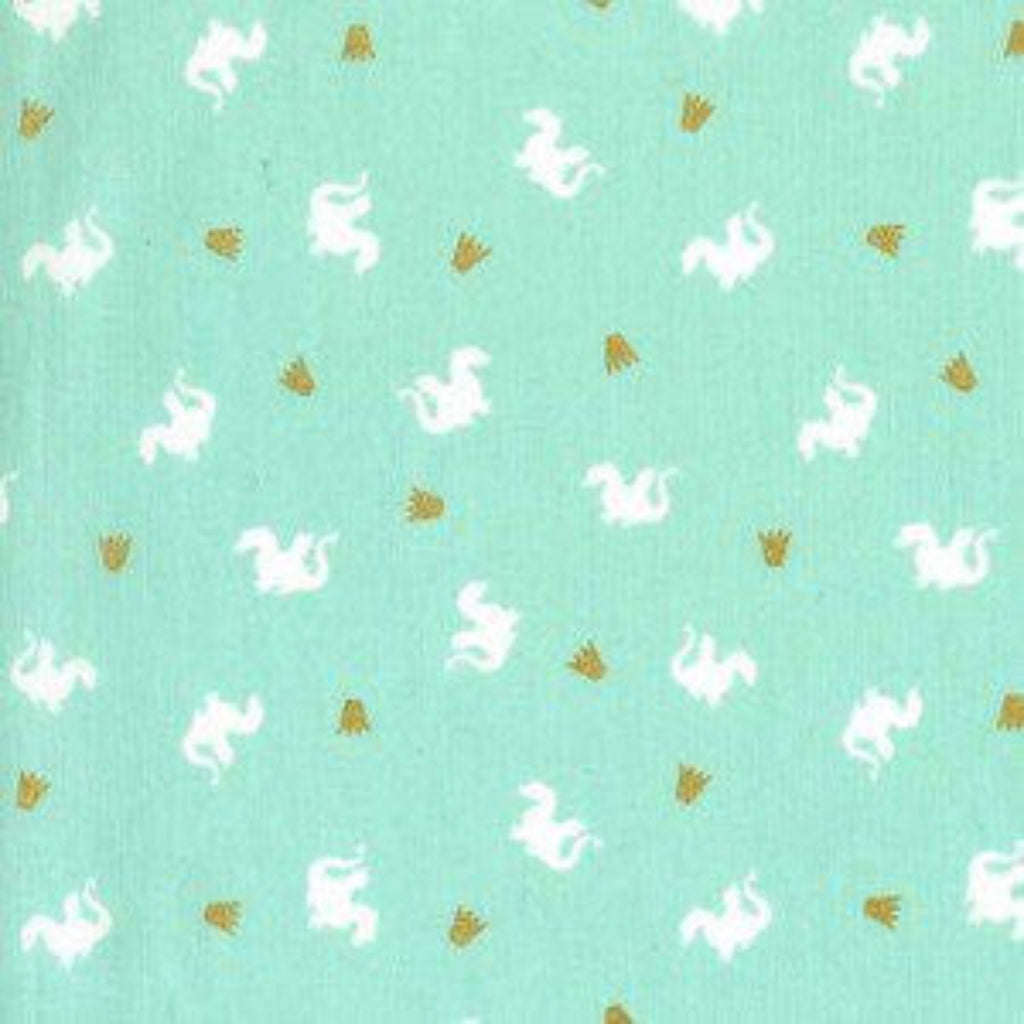 Turquoise metallic fabric with white dragon patterns and gold accents, repeated horizontal and vertical repeats shown.