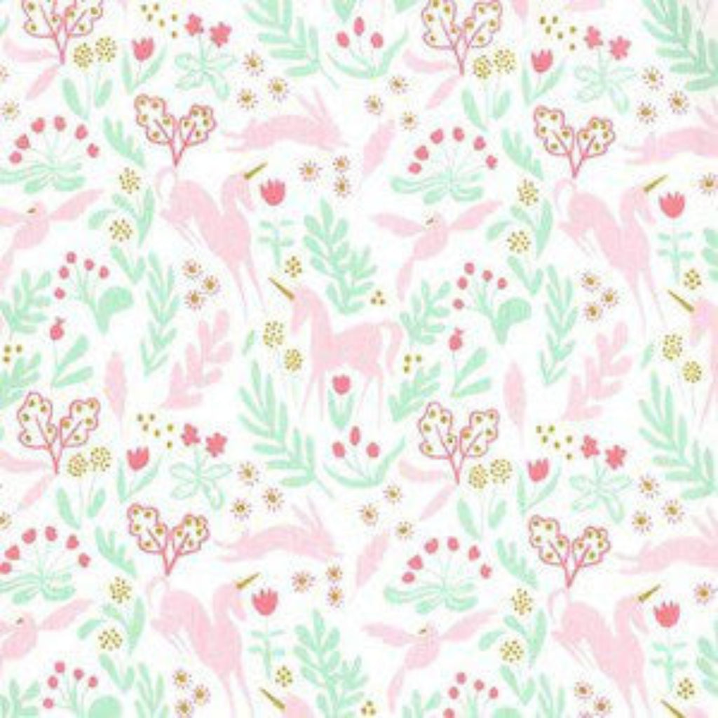 A fabric featuring a white, pink, and gold unicorn pattern with floral designs on a cotton material.