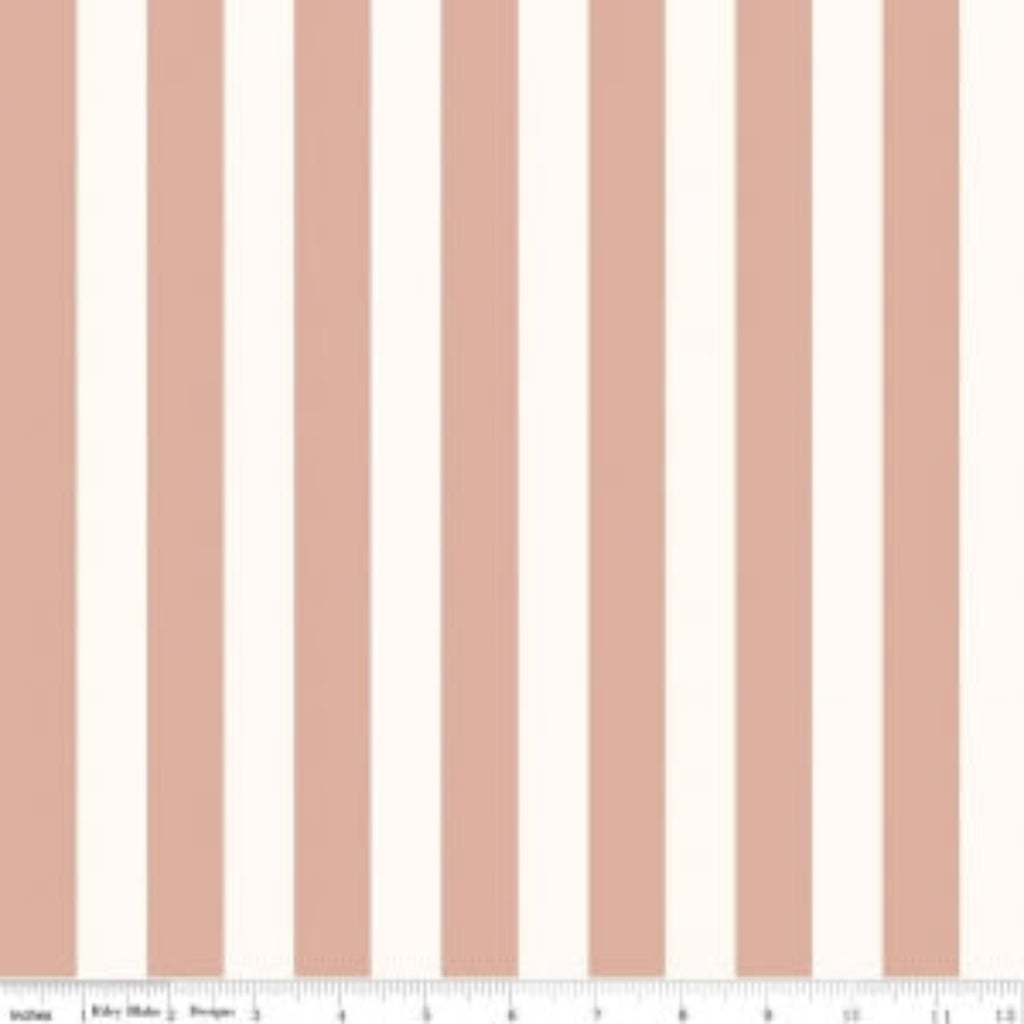 A piece of fabric featuring a cream-colored metallic stripe pattern with rose gold accents, marked with a measuring tape to show the scale.