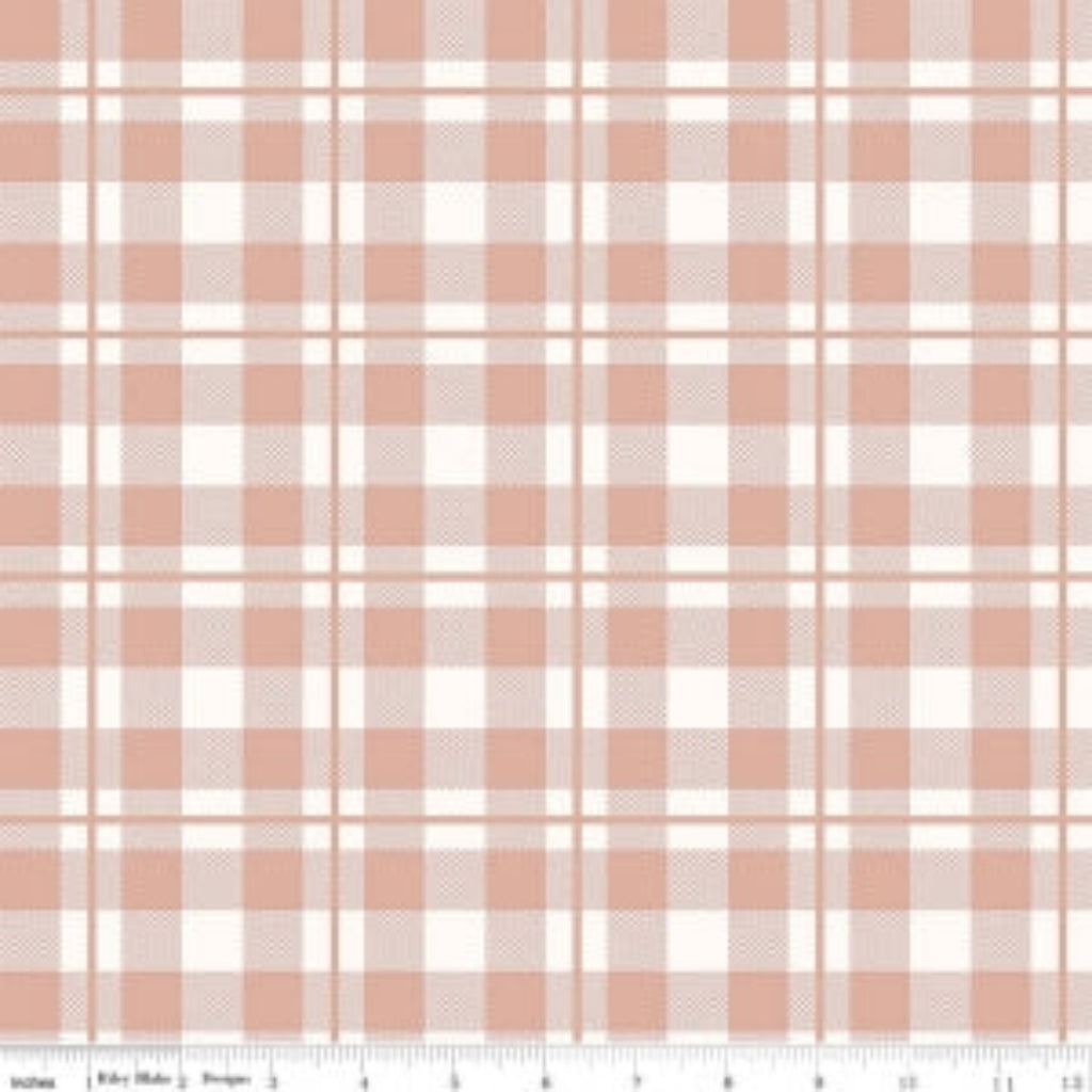 A plaid patterned fabric with cream, gold, and rose gold colors, labeled as part of the 'Yes Please' collection.