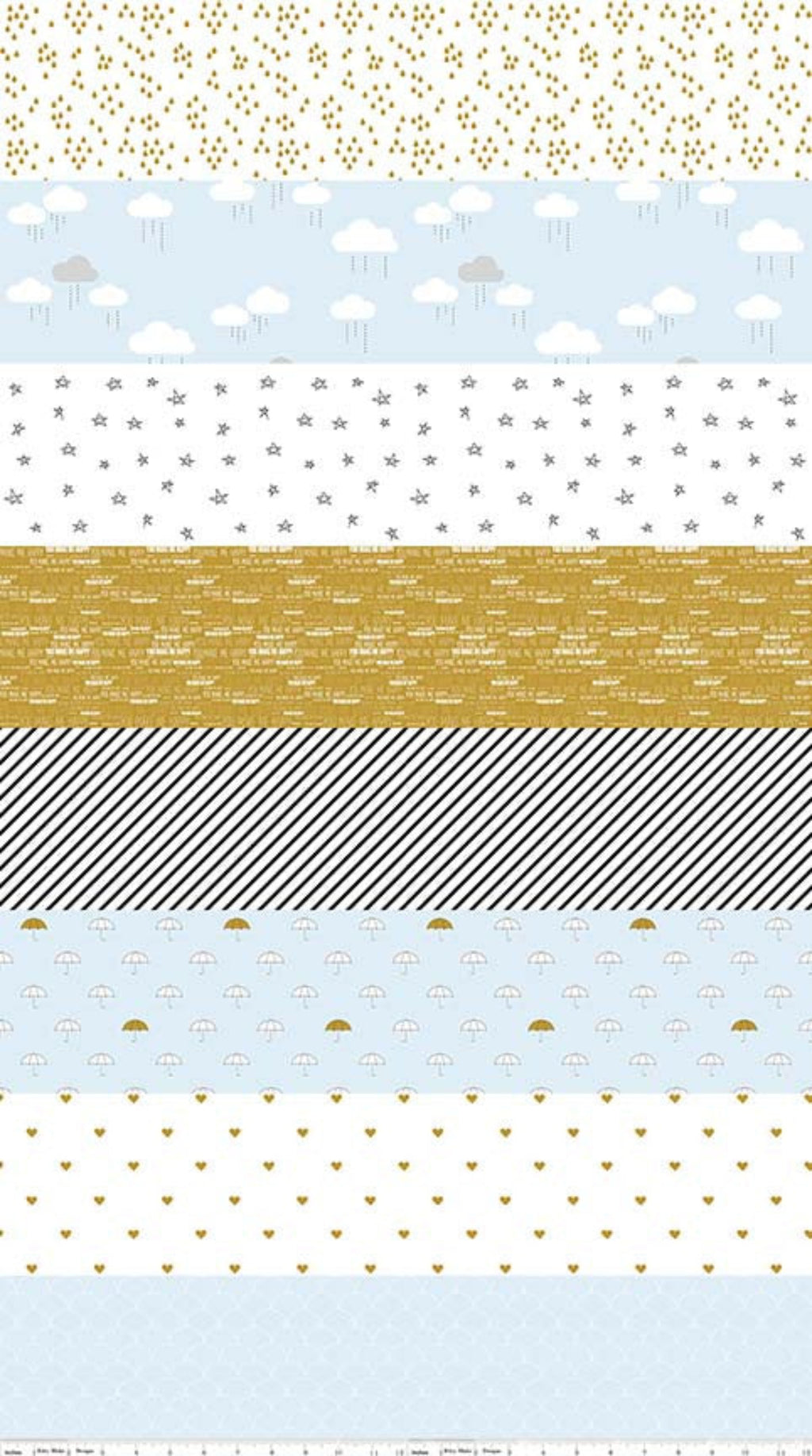 A piece of fabric featuring a pattern with black stripes and gold dots on a blue background.