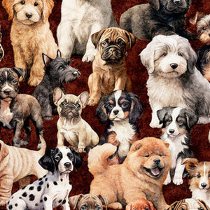 Pattern of various puppies on a brown background