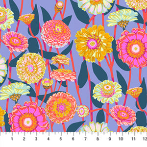 Colorful floral pattern on a fabric swatch with a ruler at the bottom.