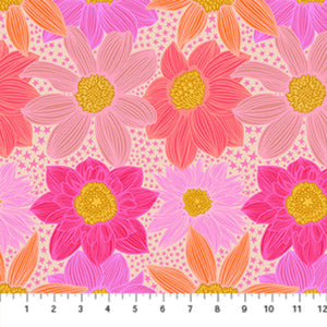 Floral pattern with pink, orange, and yellow flowers on a white background