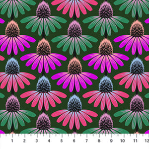 Pattern of pink and green flowers on a dark green background