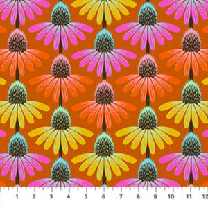 Pattern of colorful flowers on a brown background