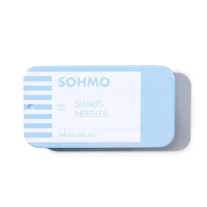 Blue container of SOHMO sharps needles on a white background