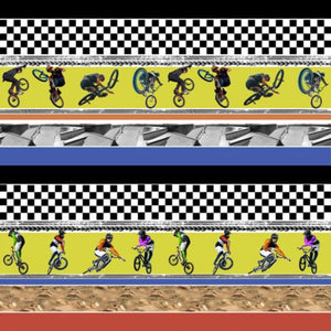 A collection of fabrics with a striking design of bikers performing tricks on a striped and checkered background.