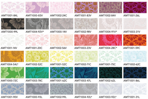 Grid of various floral and abstract pattern swatches with color codes.