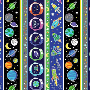 Colorful space-themed fabric with rockets, planets, and stars on a striped background.