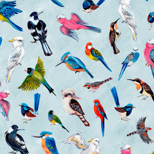 A repeating pattern of colorful illustrated birds on a pale blue background, including kookaburras, parrots, robins, and other native Australian birds.