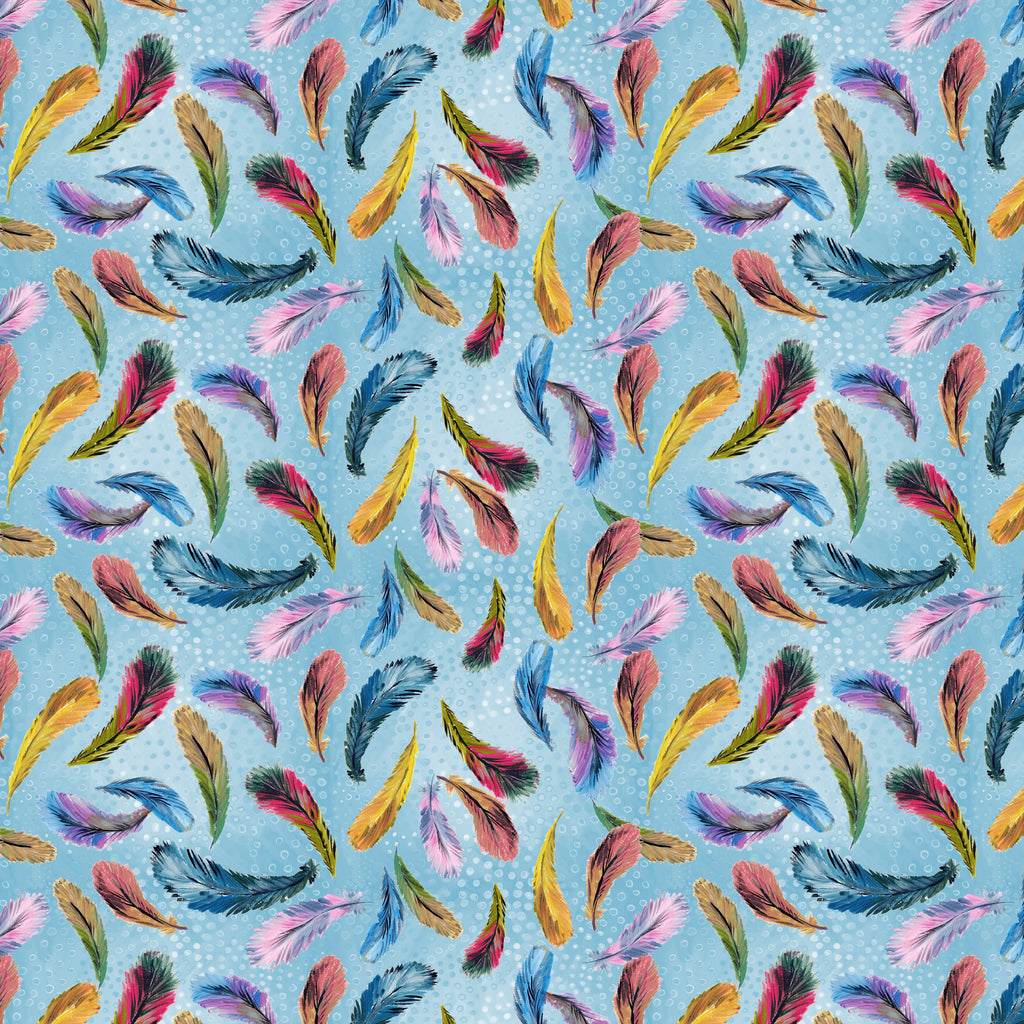 A repeating pattern of colorful feathers in pink, blue, yellow, green, and purple on a light blue background with a subtle dotted texture.