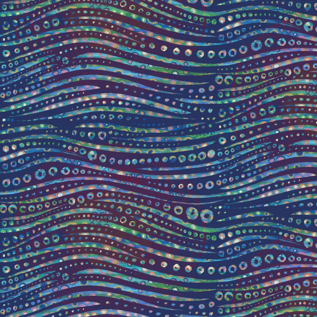 A close-up of a repeating abstract pattern with wavy horizontal bands and rows of small dots in blue, purple, green, and iridescent tones.