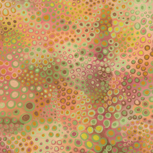 Abstract art print featuring a dense pattern of overlapping circles in shades of yellow, green, orange, and pink on a warm peach background.