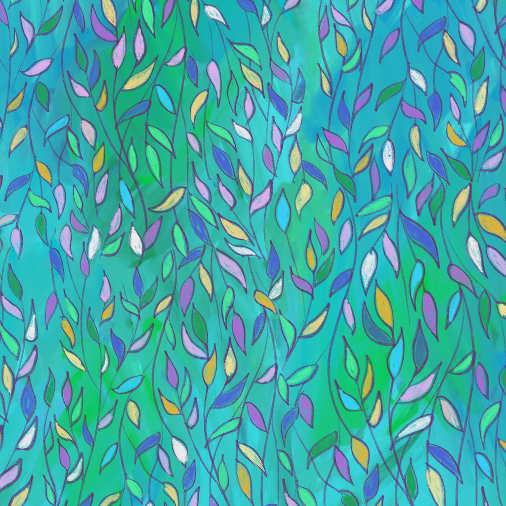 A colorful abstract pattern of flowing leaf-like shapes in green, teal, purple, pink, yellow, and white on a bright aqua background.