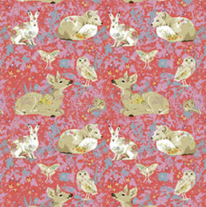 Pattern of deer, owls, and rabbits on a red background