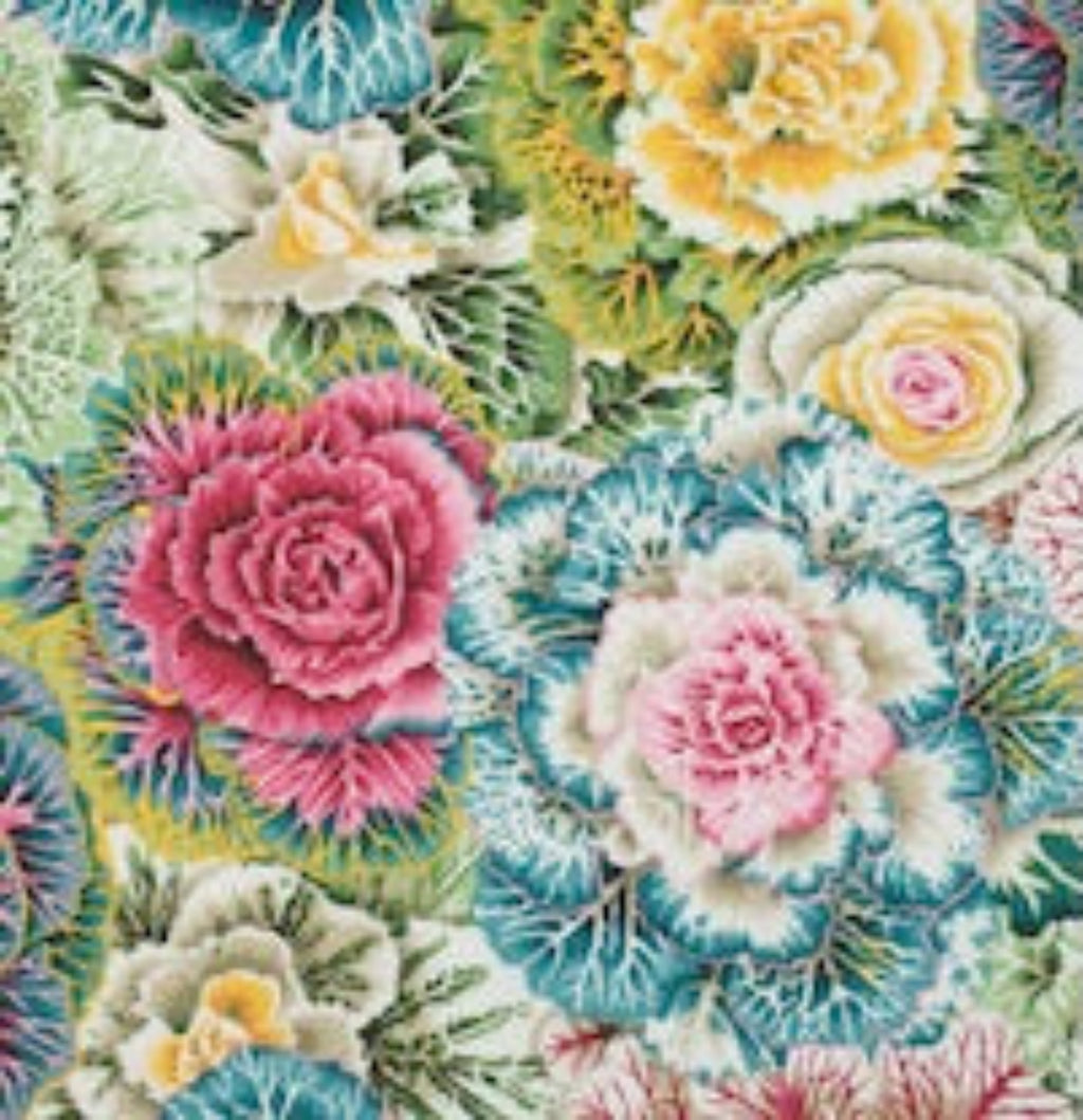 Colorful floral pattern with various flowers in a collage style.