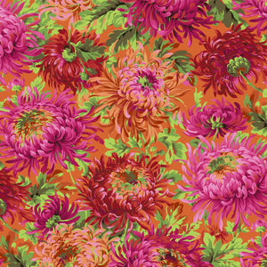 Pattern of vibrant pink, orange, and green flowers on a red background