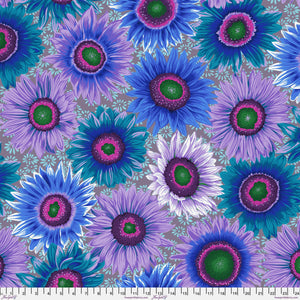 Pattern of blue and purple flowers with green centers on a gray background