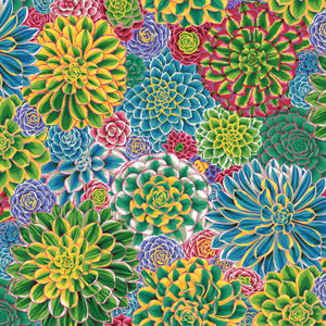 A vibrant patterned fabric featuring illustrations of colorful house leeks.