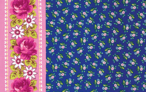 Floral patterned fabric with purple flowers and green leaves on a blue background