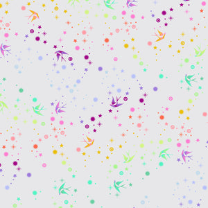 Colorful pattern of birds and stars on a light purple background