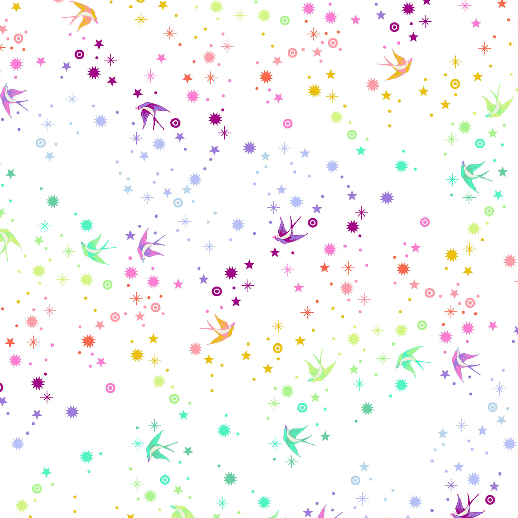 Colorful pattern of birds and stars on a white background