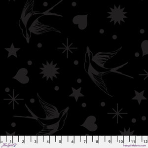 Black fabric pattern with birds, stars, and hearts on a black background Fairy Flakes