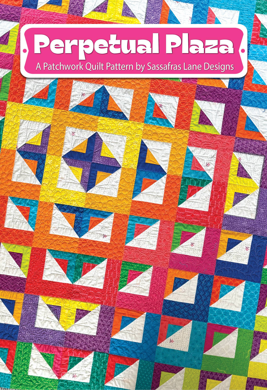 Colorful patchwork quilt pattern with 'Perpetual Plaza' text and Sassafras Lane Designs logo.