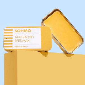 Yellow Australian Beeswax product with 'SOHMO' branding on a light blue background