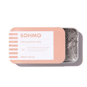 SOHMO dressmaking pins in a pink tin on a white background
