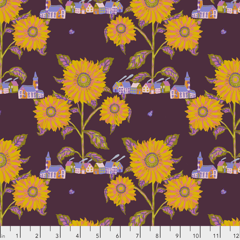 Pattern of yellow sunflowers and small buildings on a dark purple background