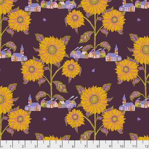 Pattern of yellow sunflowers and small buildings on a dark purple background