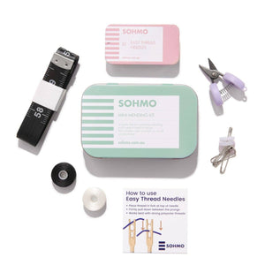 SOHMO needle and thread kit with various sewing tools on a white background