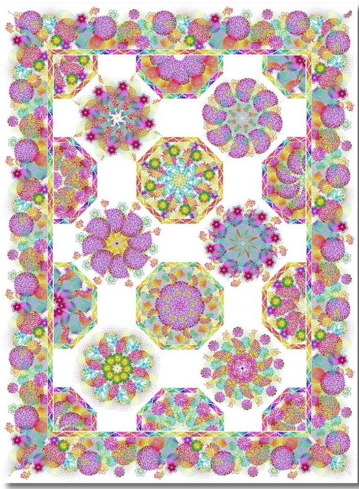 Unusual Garden 11 One Fabric Kaleidoscope Quilt Kit White